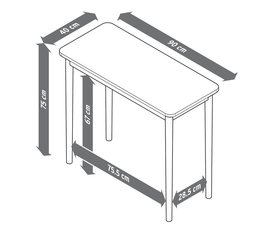 Schéma d'une console avec un plateau de 40 cm x 90 cm, hauteur 75 cm.