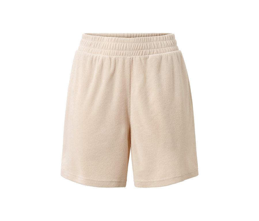 Short de sport en tissu éponge beige.