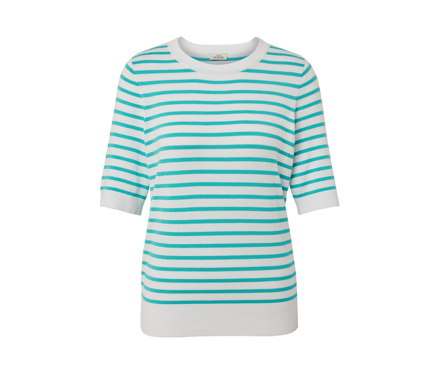 Pull en maille fine rayé turquoise.