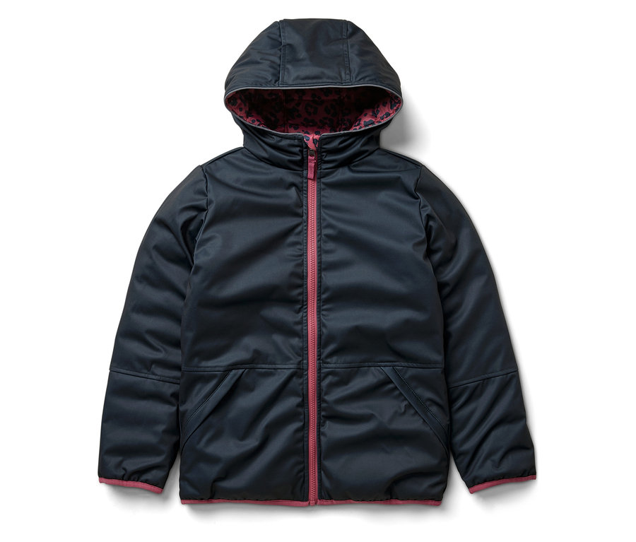 Veste softshell et matelassée 2 en 1 bleu marine pour enfant avec capuche et fermeture éclair rose.