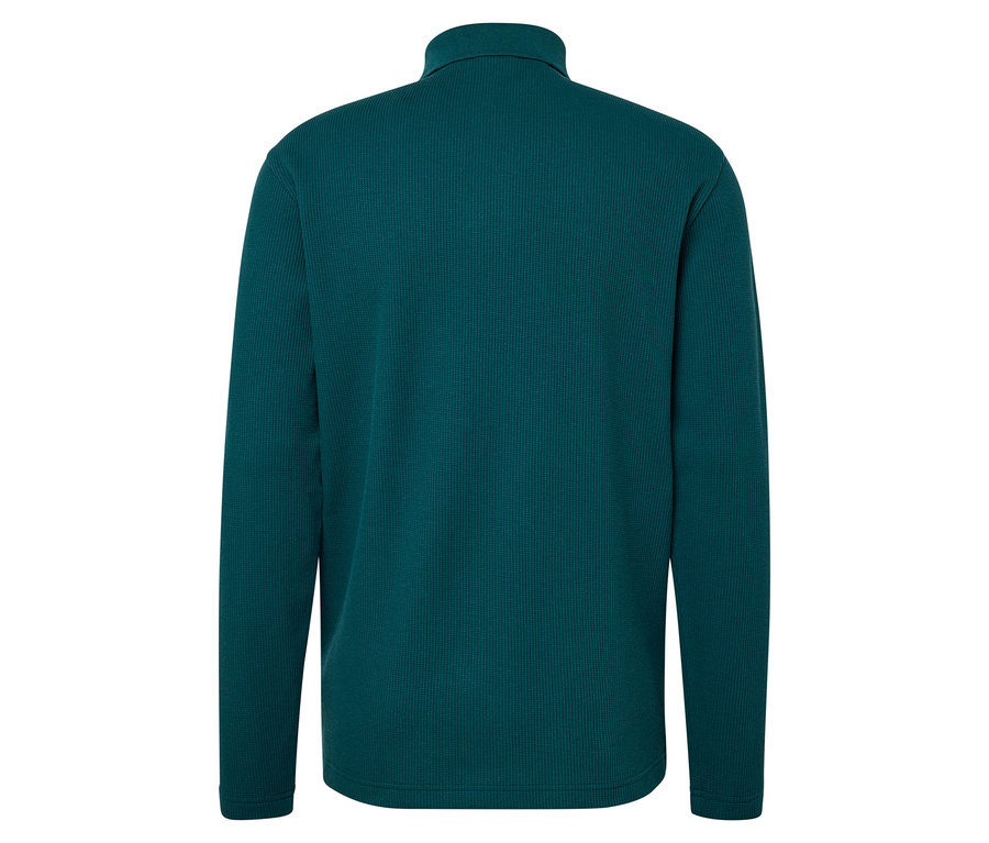 Vue détaillée de l'arrière d'un pull à manches longues bleu sarcelle avec un col montant.