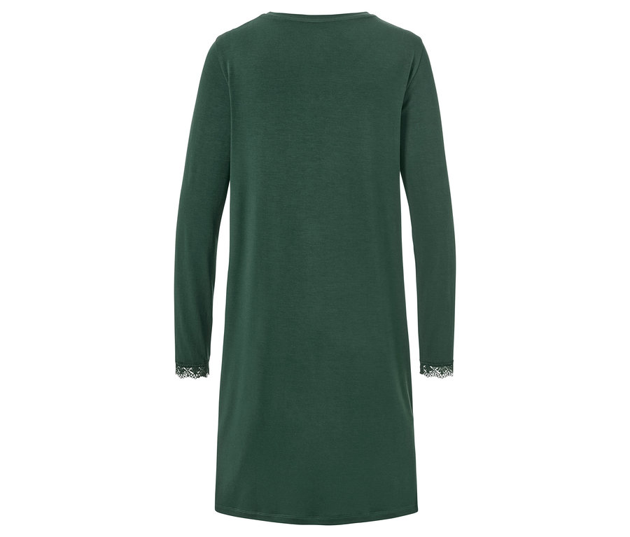 Vue arrière d'une chemise de nuit verte à manches longues avec des finitions en dentelle aux poignets.
