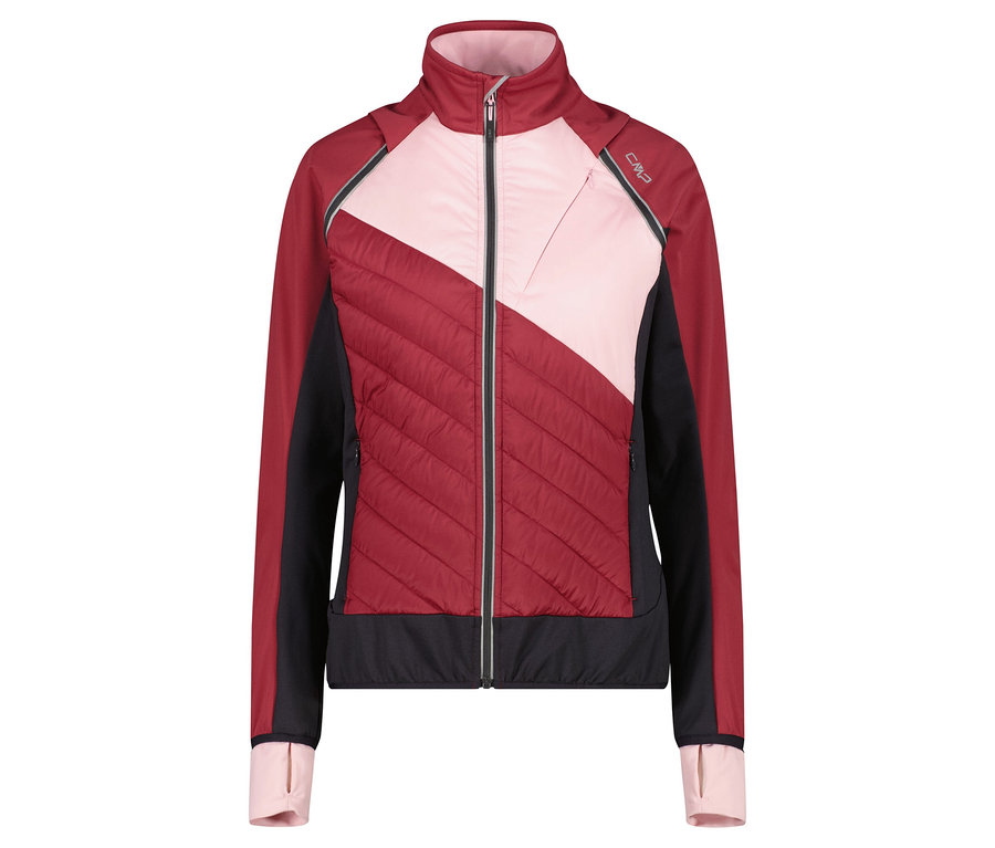 Veste bordeaux à blocs de couleurs avec empiècements roses et noirs.