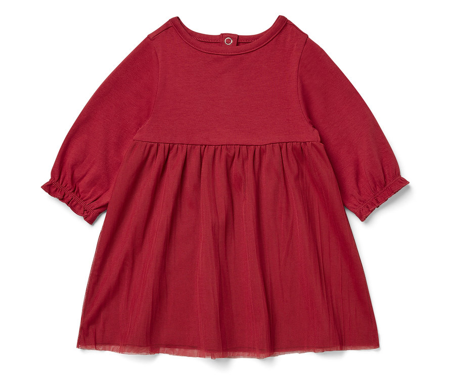 Robe rouge pour bébé avec manches longues et jupe en tulle.