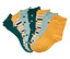 Six paires de chaussettes de différentes couleurs et motifs sont disposées côte à côte.