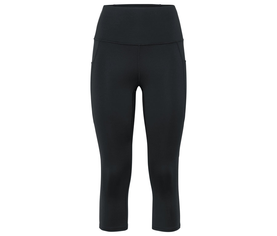 Legging de sport noir arrivant au genou avec des poches sur les côtés.