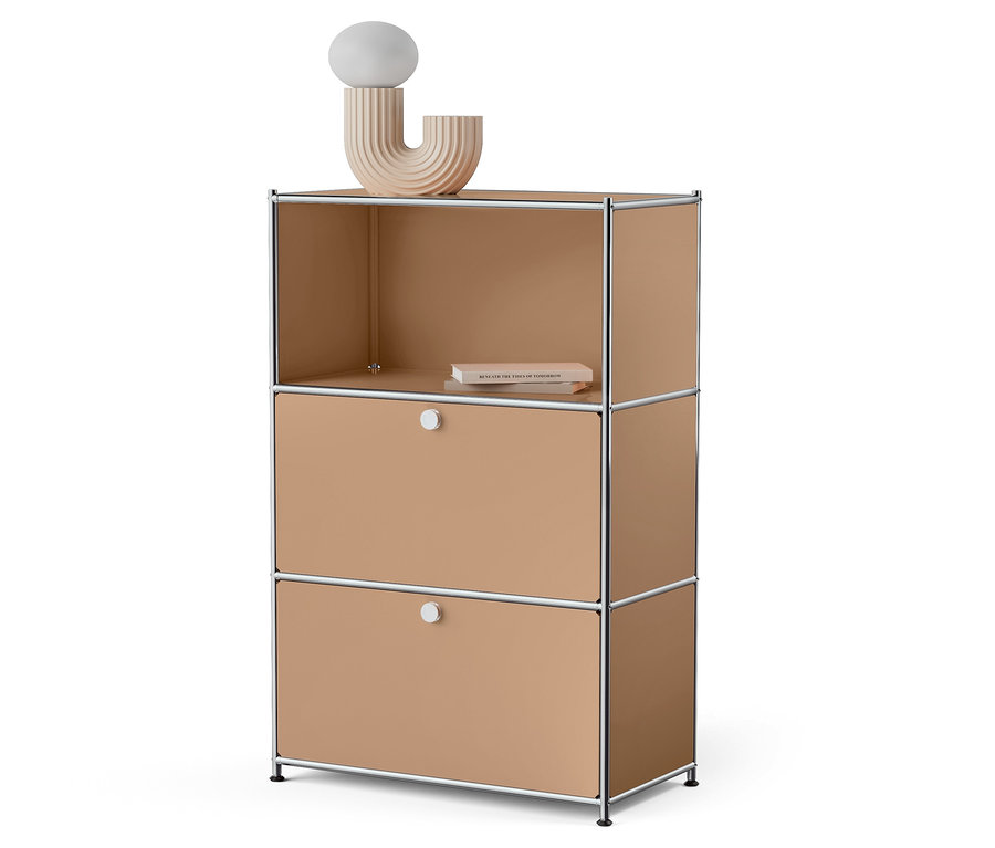 Meuble à trois étages avec étagère supérieure ouverte et deux tiroirs couleur sable.