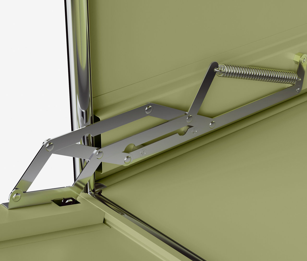 Gros plan de l'intérieur d'une armoire métallique ouverte avec mécanisme de charnière à ressort.
