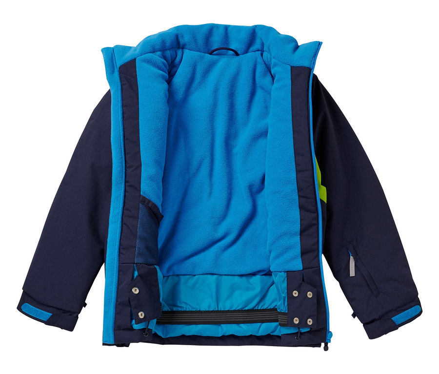 Veste de neige Jako-O bleu marine ouverte avec doublure polaire bleu clair.