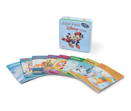 Une boîte Disney en métal avec huit mini-livres dont les couvertures présentent des personnages de La Reine des neiges, Mickey Mouse, Le Roi Lion, Bambi, 101 Dalmatiens et Winnie l'ourson.