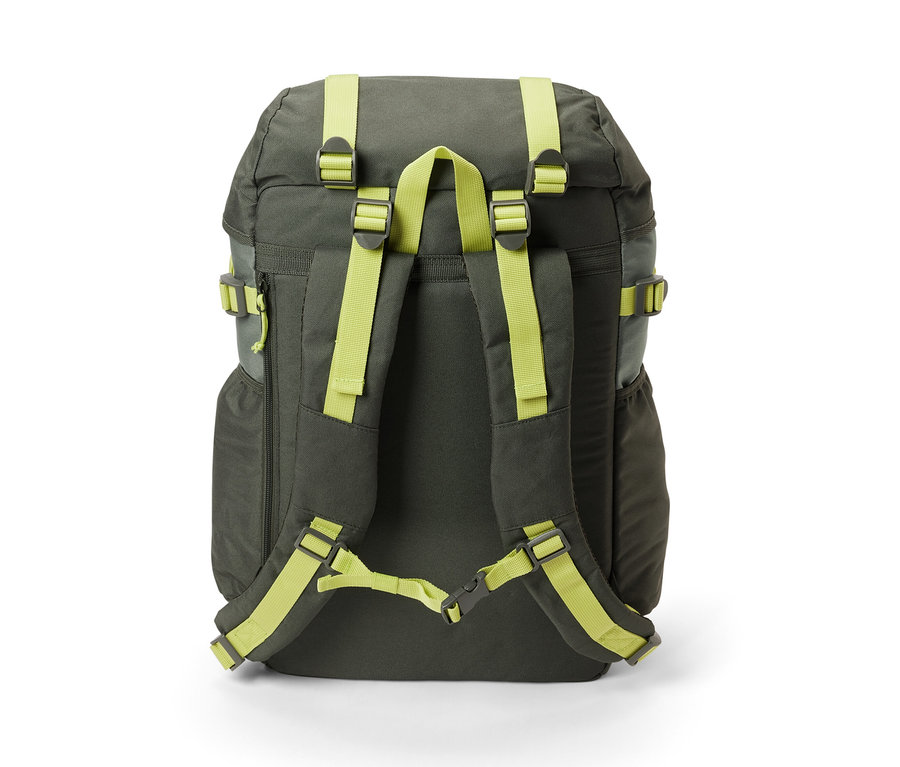 Vue arrière d'un sac à dos d'extérieur avec un corps kaki et des sangles vert citron sur fond blanc.