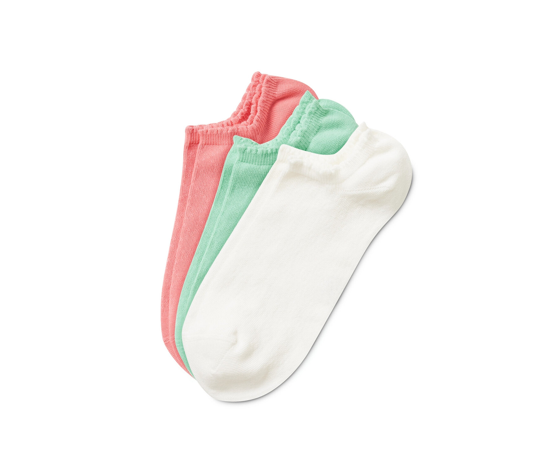Trois paires de socquettes avec motif ajouré de couleurs : rose, vert et blanc.