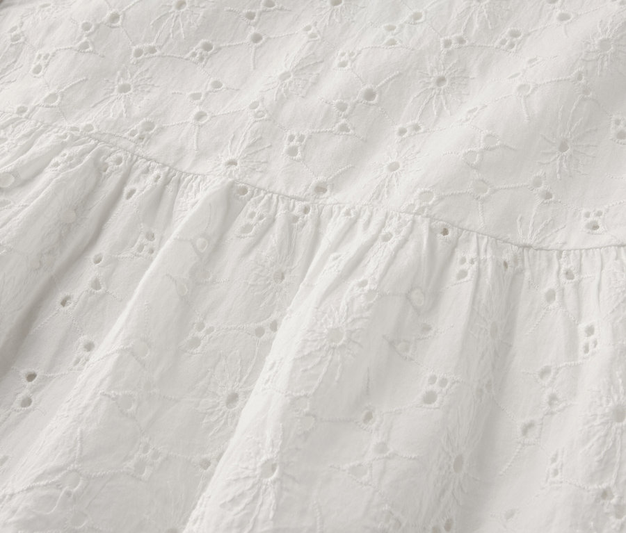 Gros plan sur une robe blanche avec broderie ajourée.