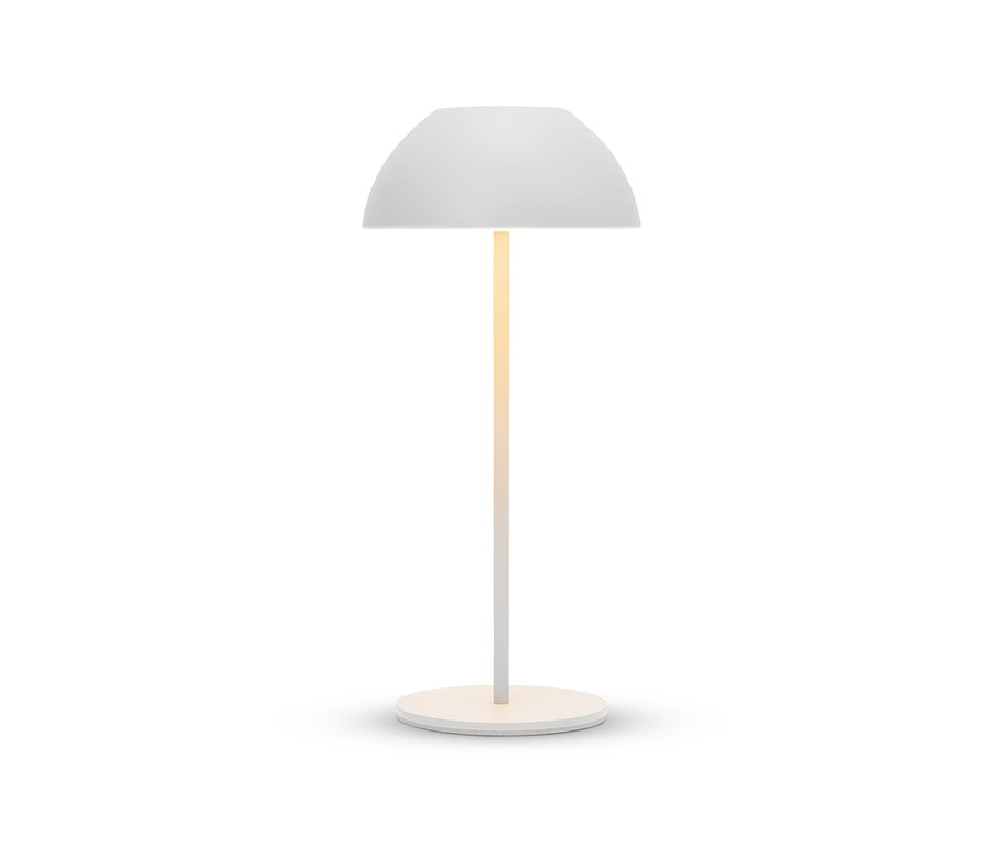 Lampe blanche avec abat-jour rond et socle sur fond blanc.