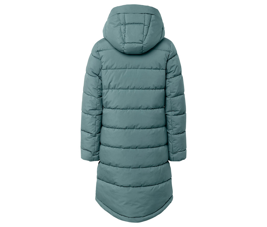 Vue arrière d'une longue doudoune matelassée à capuche de couleur vert-gris.