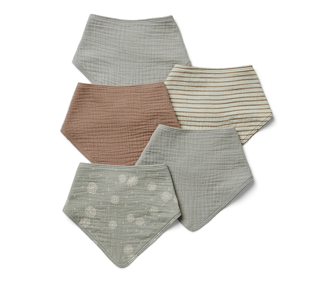 Cinq foulards en mousseline pour bébé de différentes couleurs et motifs.