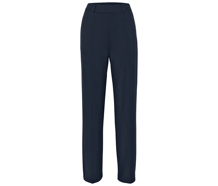 Pantalon bleu marine sur fond blanc.
