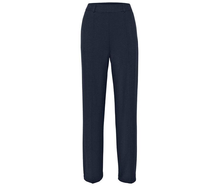Pantalon bleu marine sur fond blanc.