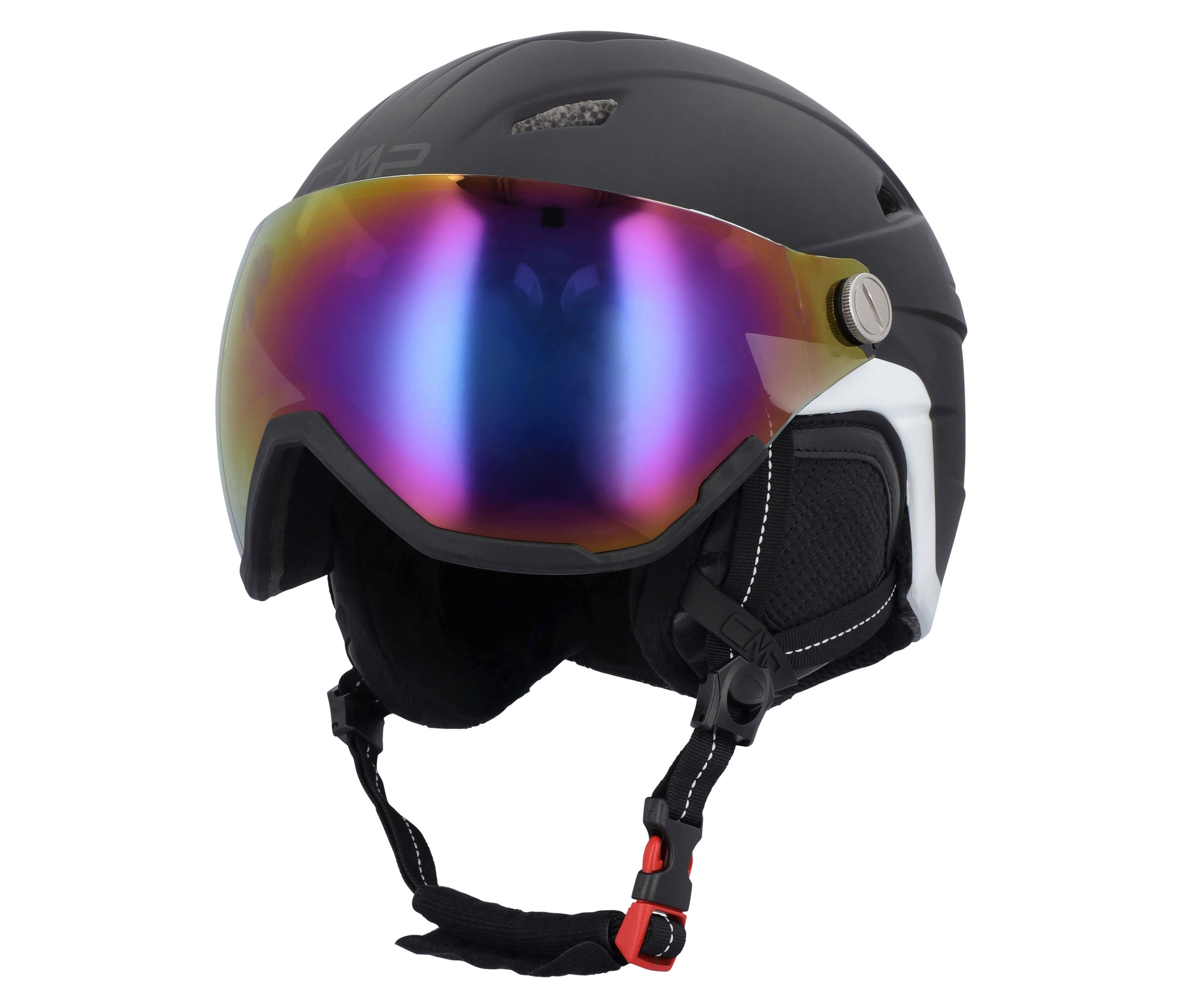 Casque de ski noir avec visière miroir colorée.