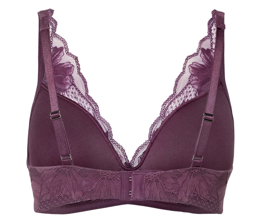 Détail d'un soutien-gorge violet avec dentelle et bretelles réglables, vue arrière.