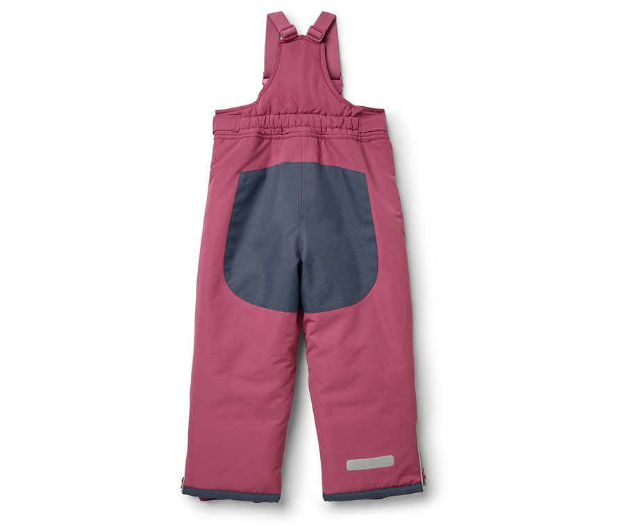 Pantalon de ski rose à bretelles avec partie arrière grise.