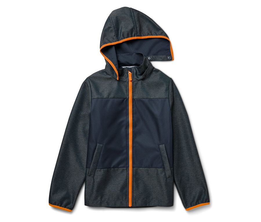 Une veste softshell pour enfant bleu marine et grise avec des détails orange.