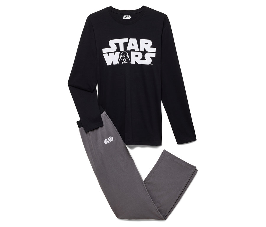 Un pyjama Star Wars noir et gris avec un haut à manches longues et un pantalon posé sur un fond blanc.