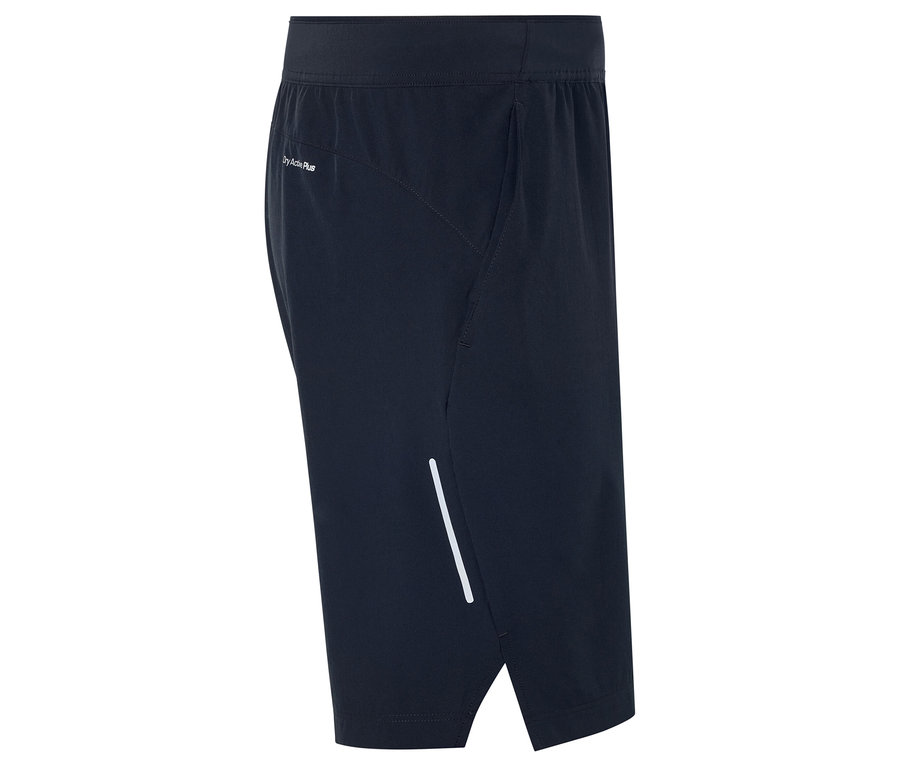Gros plan sur un short de sport bleu foncé avec une bande réfléchissante.