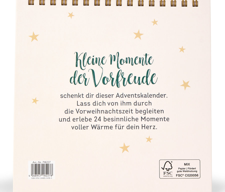 Calendrier blanc avec l'inscription "Kleine Momente der Vorfreude" et des étoiles dorées.