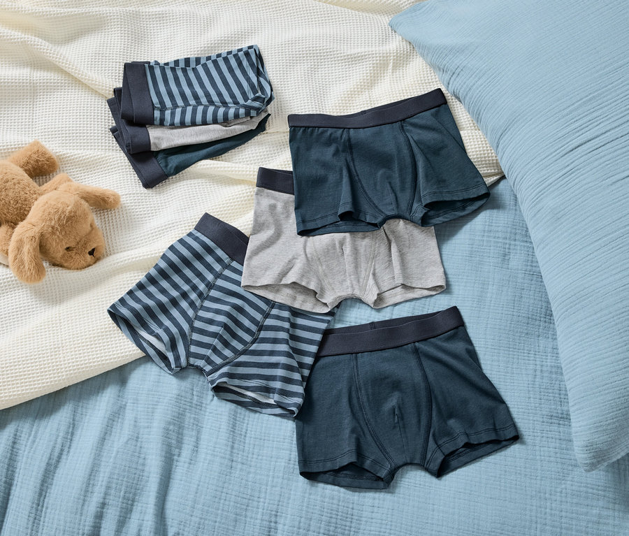 Sur une couverture bleu clair se trouve un chien en peluche marron à côté d'une pile de boxers rayés et unis pour garçons.