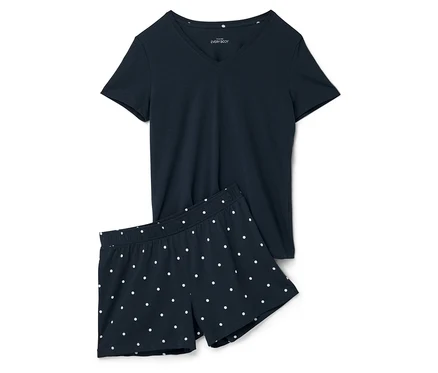 Pyjashort bleu marine à pois blancs composé d'un t-shirt et d'un short.