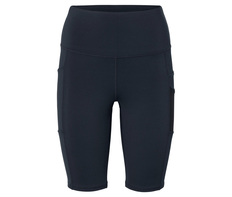 Leggings noirs arrivant au genou avec taille haute et poches sur les cuisses.