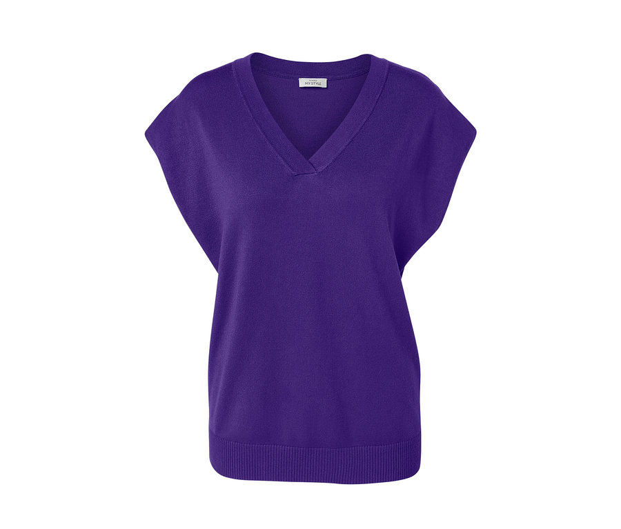 Pull-over violet en maille fine à manches courtes.