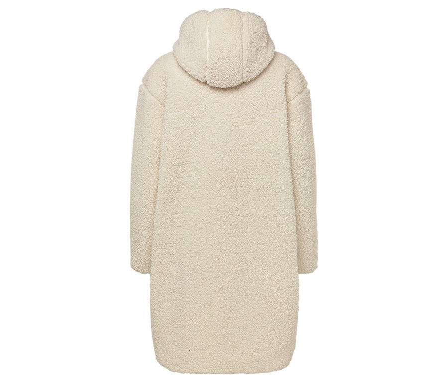 Vue arrière d'un manteau à capuche en fausse fourrure crème.
