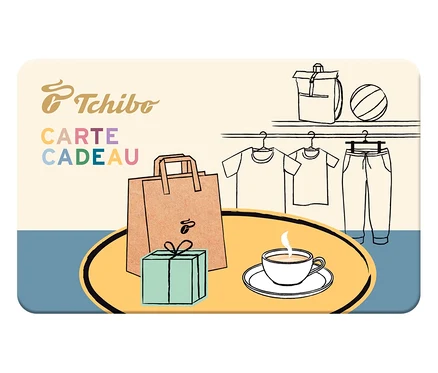 Illustration d'une carte cadeau Tchibo avec un sac de courses, un cadeau et une tasse de café.