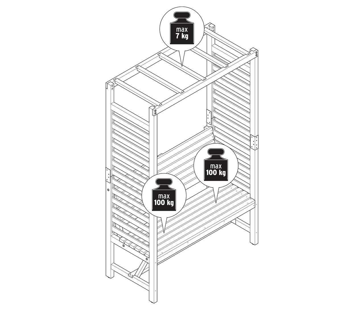 Vue de dessus d'un banc de jardin avec une arche à roses et des informations sur le poids maximal.