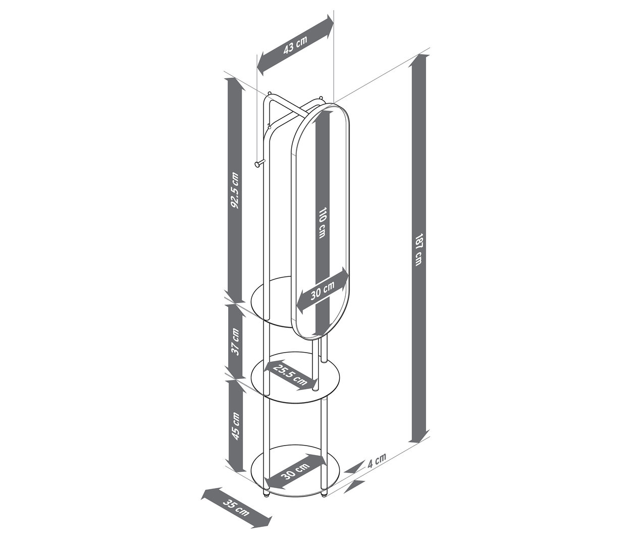 Vue de dessus d'une penderie sur pied avec un grand miroir et des dimensions.