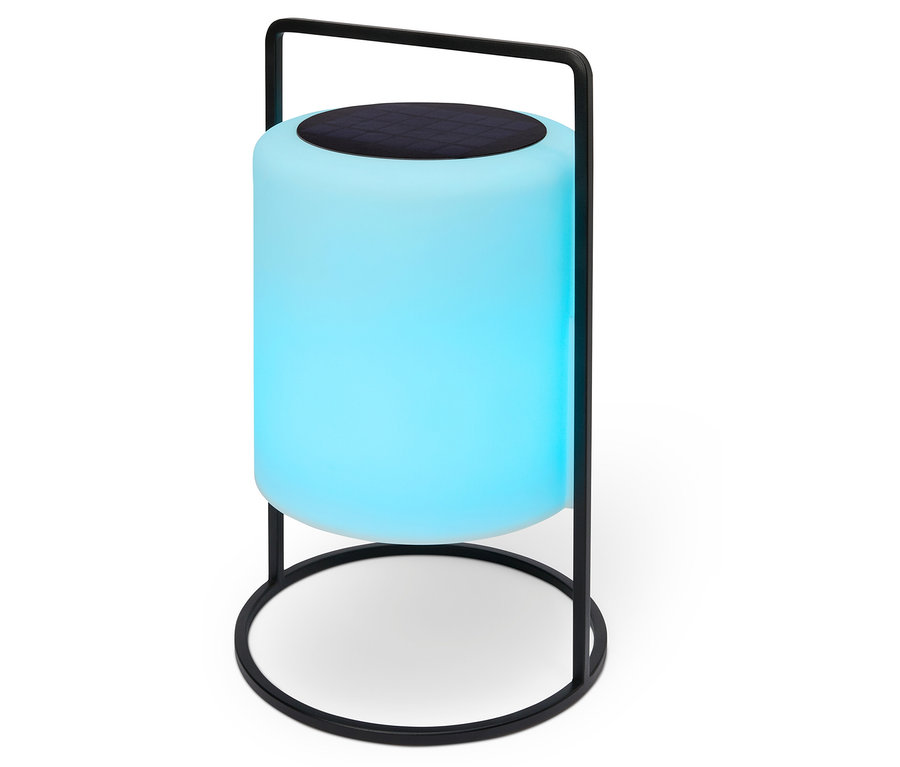 Une lampe cylindrique bleu clair avec un cadre noir sur un fond blanc.