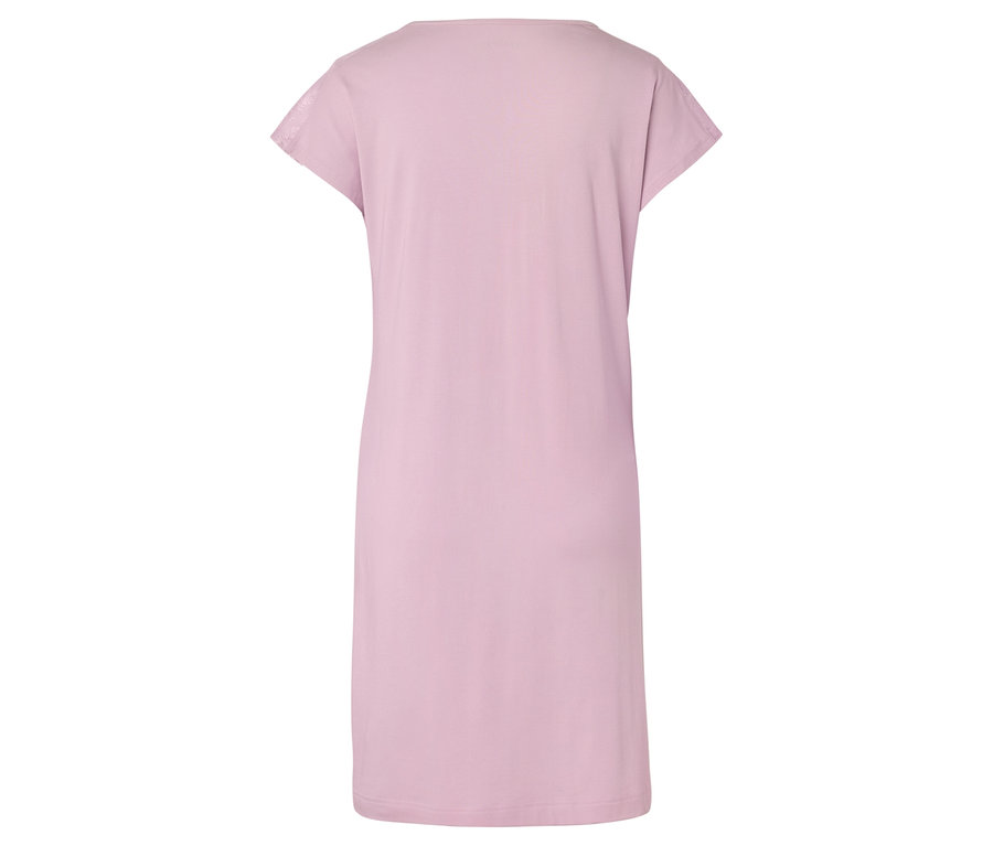 Vue arrière d'une robe rose clair à manches courtes arrivant aux genoux.