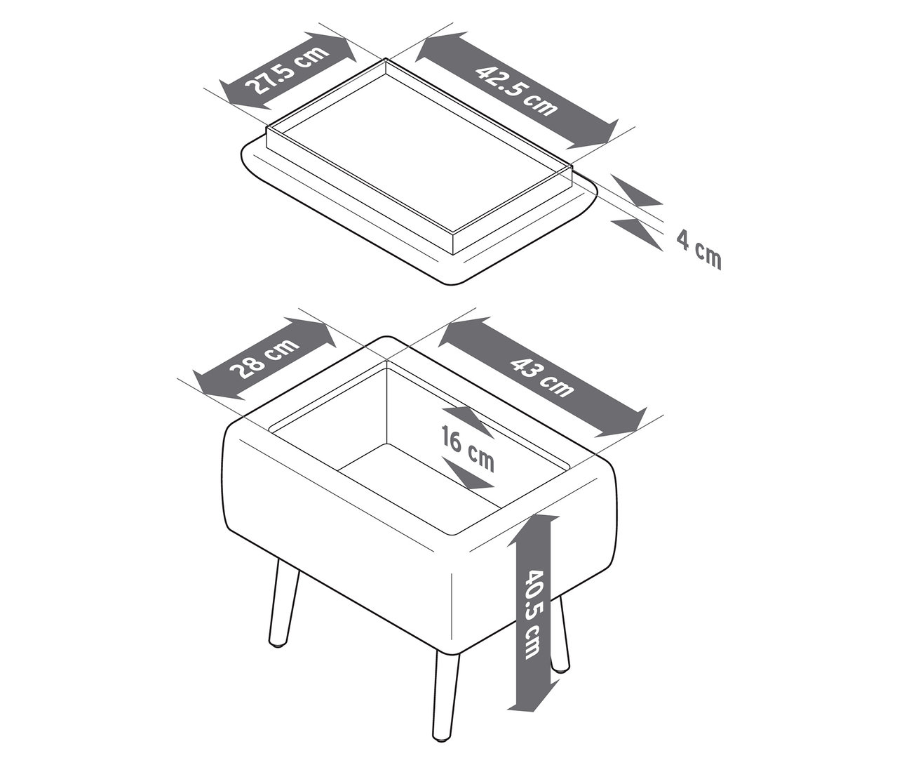 Vue de dessus et vue latérale d'un tabouret avec espace de rangement avec dimensions.