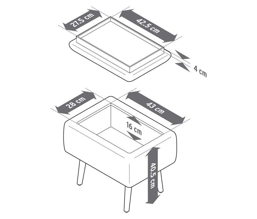 Vue de dessus et vue latérale d'un tabouret avec espace de rangement avec dimensions.