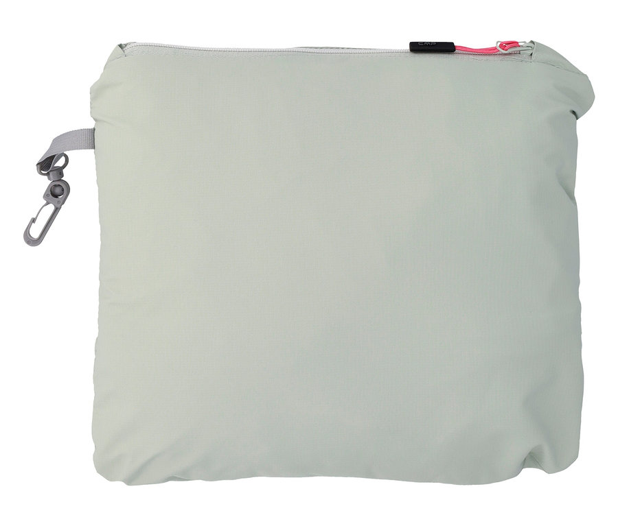 Sac de transport rectangulaire vert clair avec fermeture éclair argentée et mousqueton.