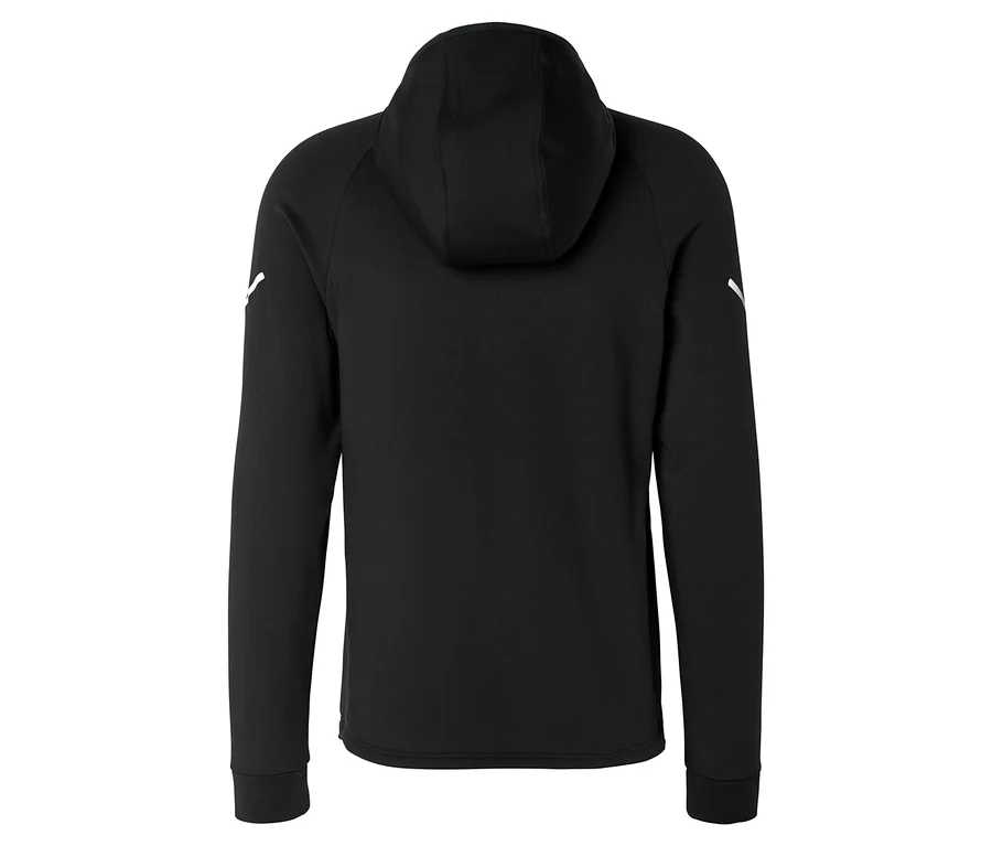 Vue arrière d'un sweat à capuche noir avec des bandes blanches sur les manches.