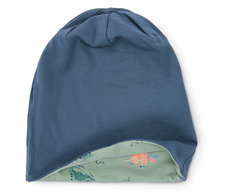 Bonnet bleu réversible avec motif dinosaure à l'intérieur.