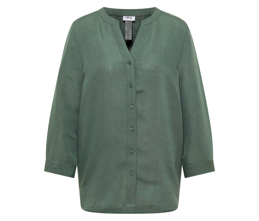 Chemisier vert en lin CECIL avec manches longues et patte de boutonnage sur toute la longueur.