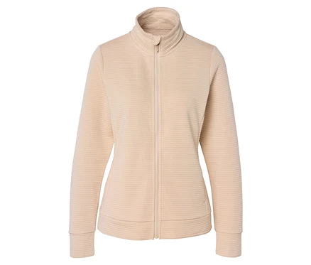 Une veste zippée beige clair avec un col montant et une texture côtelée horizontale, sur fond blanc.