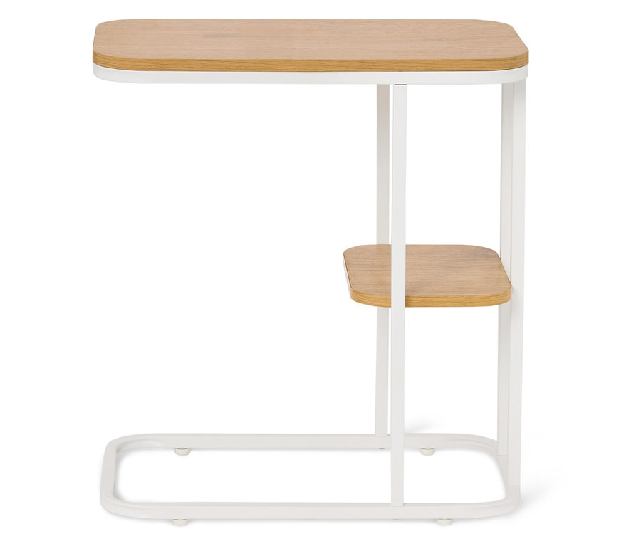 Une table d'appoint avec un plateau et une étagère en bois clair et un cadre en métal blanc.
