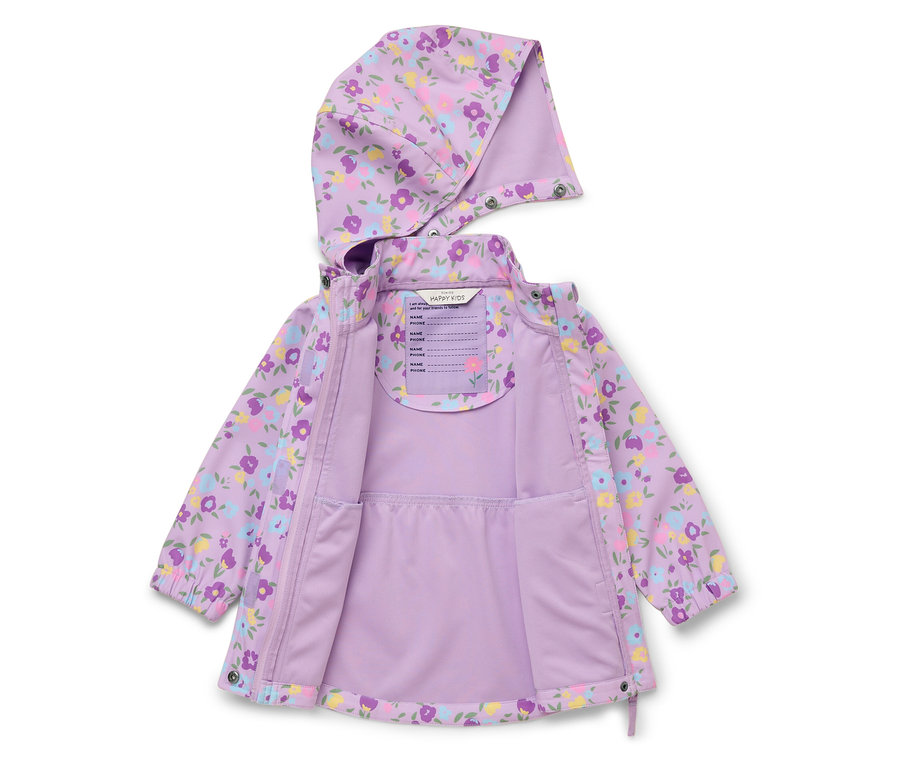 Veste de pluie ouverte pour enfant, de couleur lilas clair avec un motif floral et une capuche.