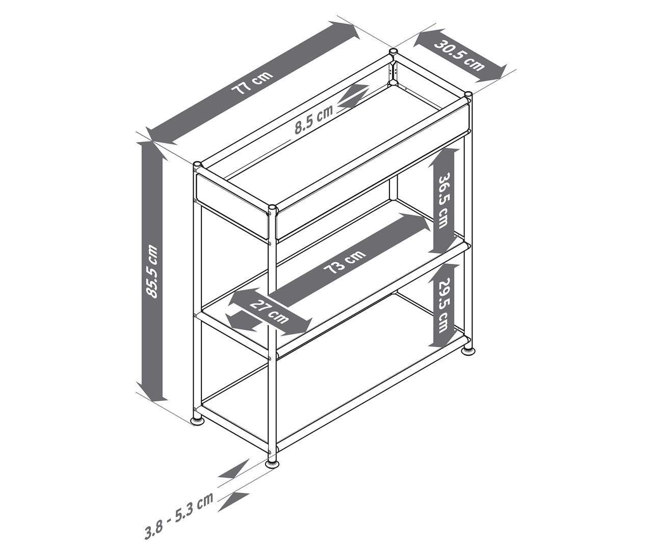 Vue de dessus d'une console métallique « CN3 Slim Line » avec tablette. Les dimensions sont indiquées.