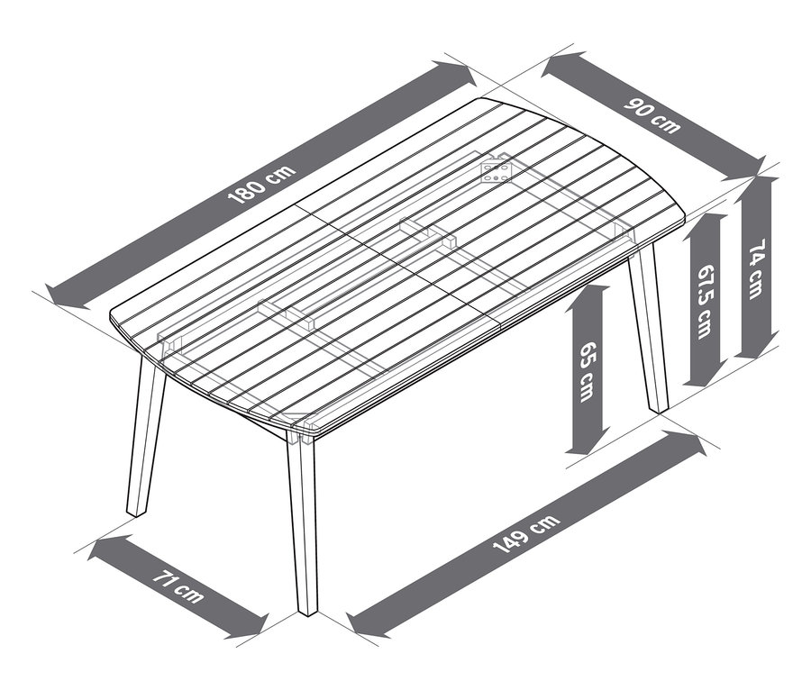 Vue de dessus d'une table de jardin à rallonges avec façades arrondies, env. 180-240 cm, avec dimensions.